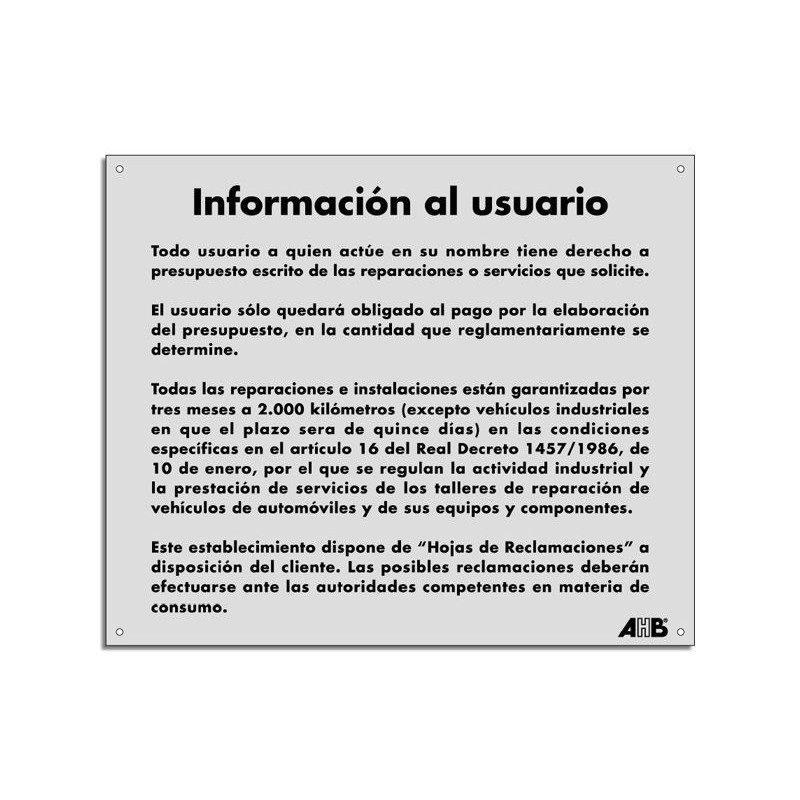 Cartel información al usuario